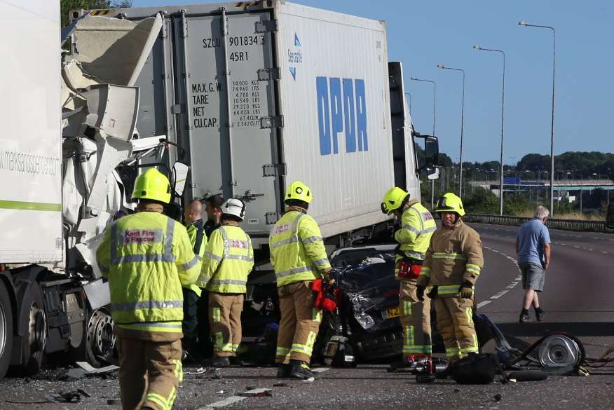 Fire crews at the scene of the fatal crash on the M2. Picture: Andy James/photo3.co.uk