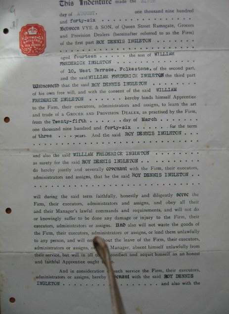 Roy Ingleton's indenture papers with Vye and Son