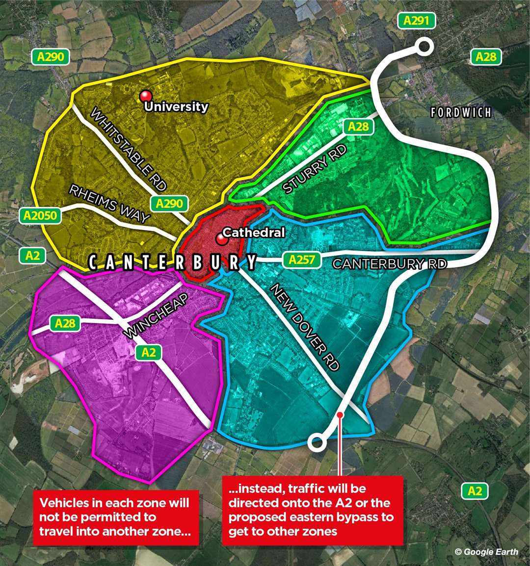 Traffic zones for Canterbury city centre under the scrapped plan reversed by the Labour-Lib Dem coalition