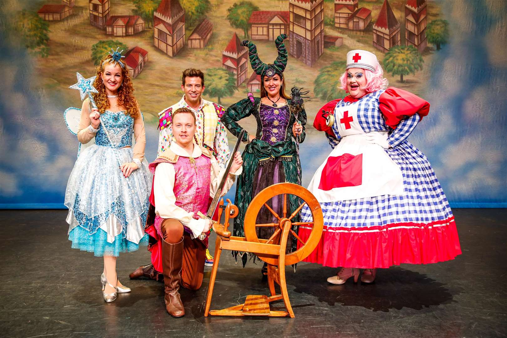 Sleeping Beauty at The Assembly Hall, Tunbridge Wells. Photocall. Laura Mullowney playing the Good Fairy, Michael Vinsen playing The Prince, Derek Moran playing Silly Billy, Claire Sweeney playing the Evil Fairy, and Quinn Patrick playing Nanny. Picture: Matthew Walker. (5876985)