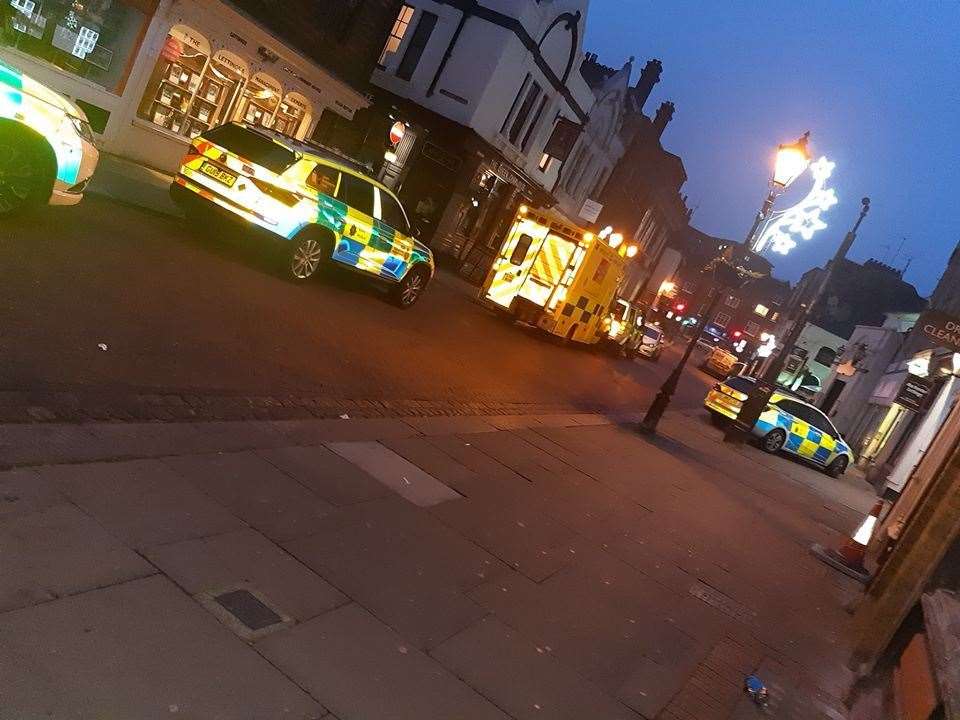 Police cars and an ambulance were called to Rochester High Street at 6.20am on Thursday morning. Pic: Sally at Off The Wall Photography