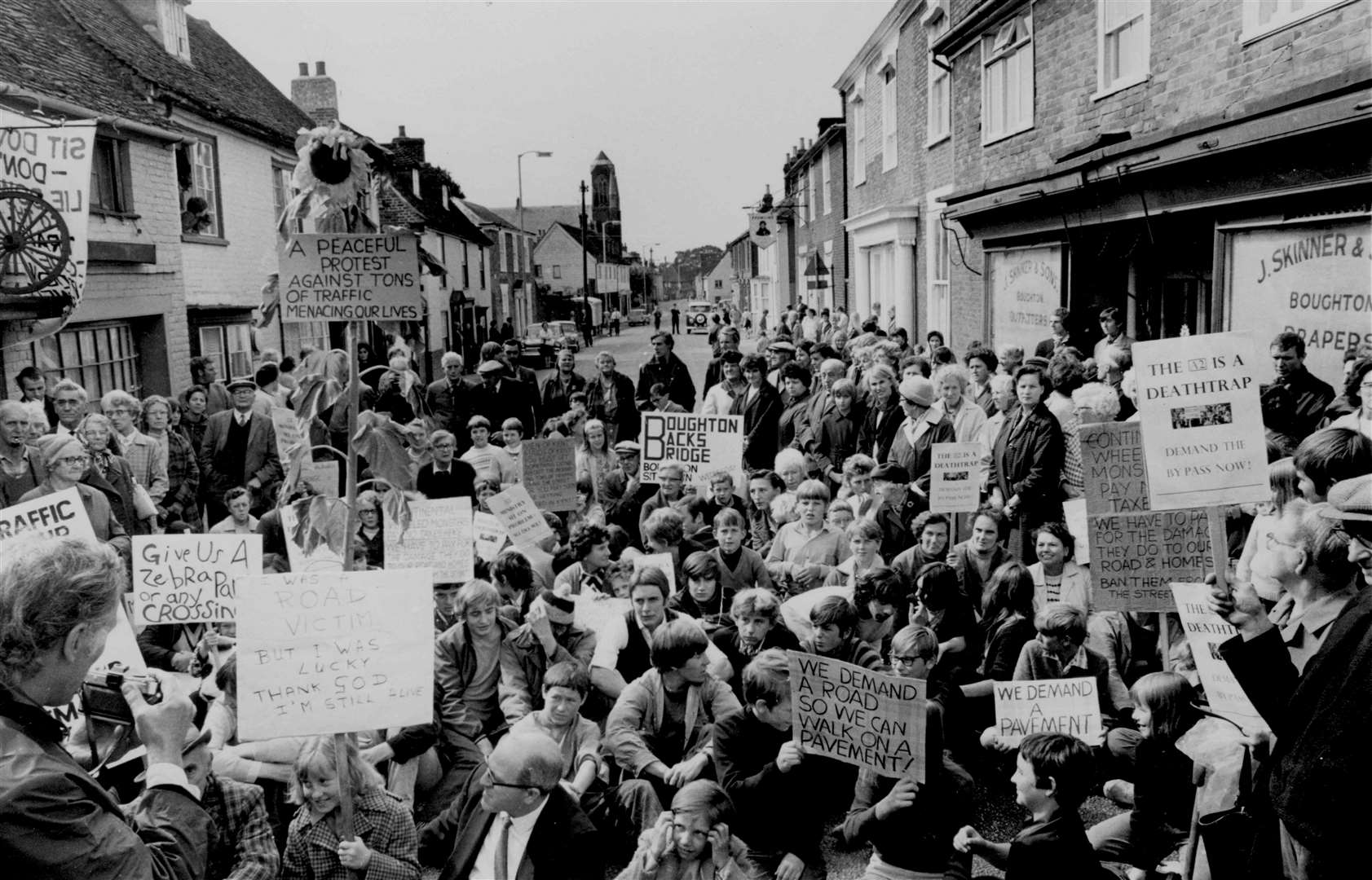 Boughton villagers forced A2 traffic to make a 12-mile detour via the Thanet Way in August 1969 when they had a sit-down protest in the main street over road safety fears and a call for a bypass. Boughton Bypass opened in March 1976