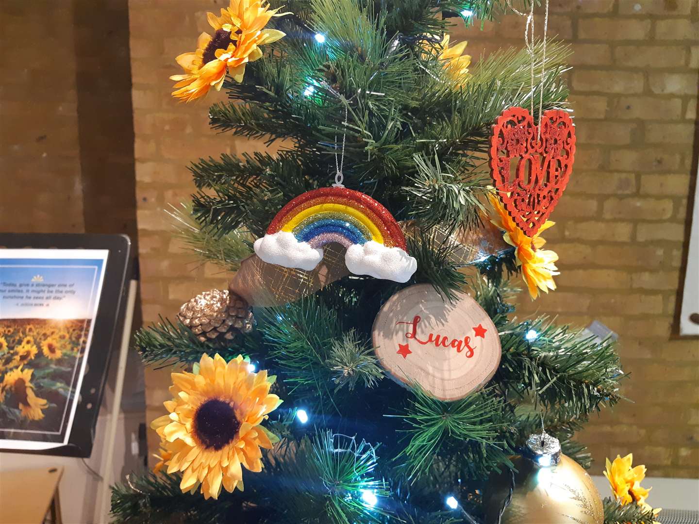 Lucas's memorial Christmas tree was adorned with bright sunflowers