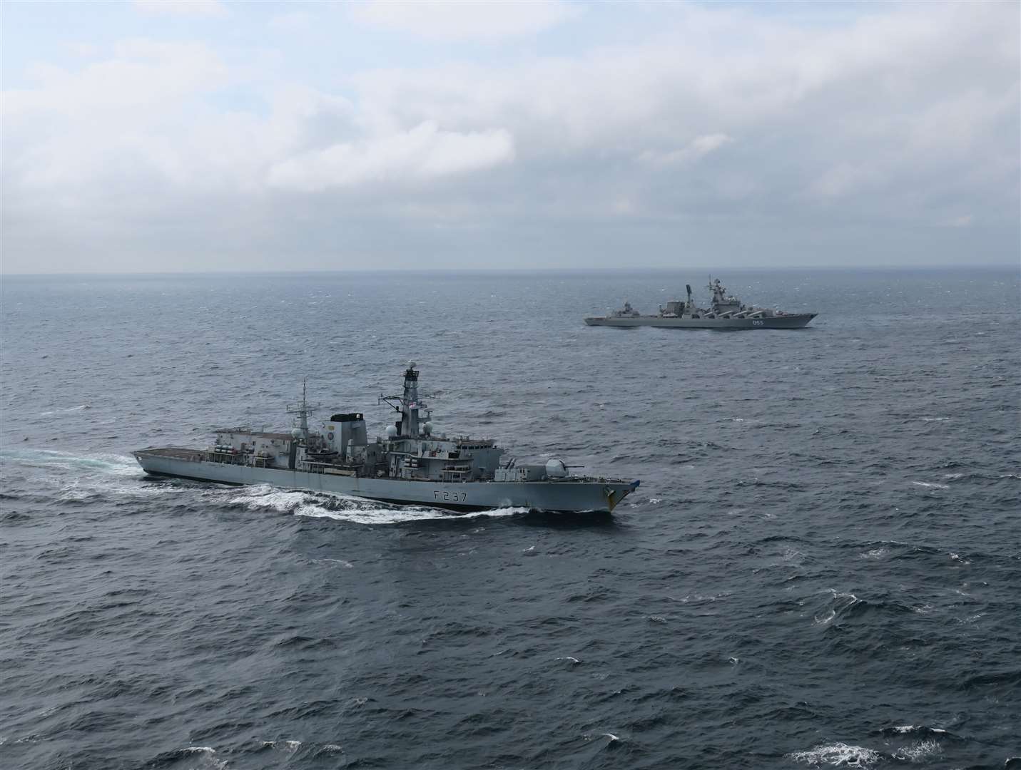 HMS Westminster Westminster watches the Russian cruiser Marshal Ustinov.  Photo: Royal Navy/Sam Bannister