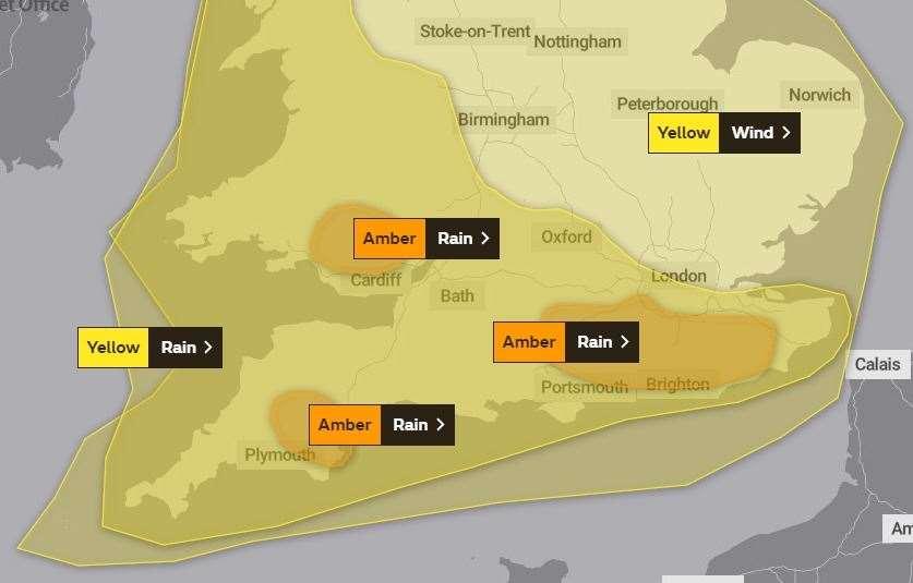 The amber and yellow warnings in place for Kent and the south east
