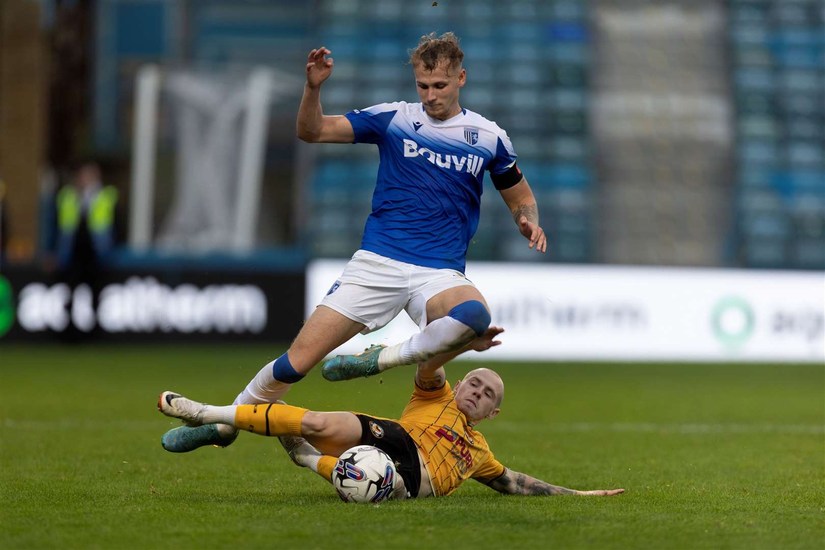 Ethan Coleman rides a challenge as Gillingham are beaten at home by lowly Newport County Picture: @Julian_KPI