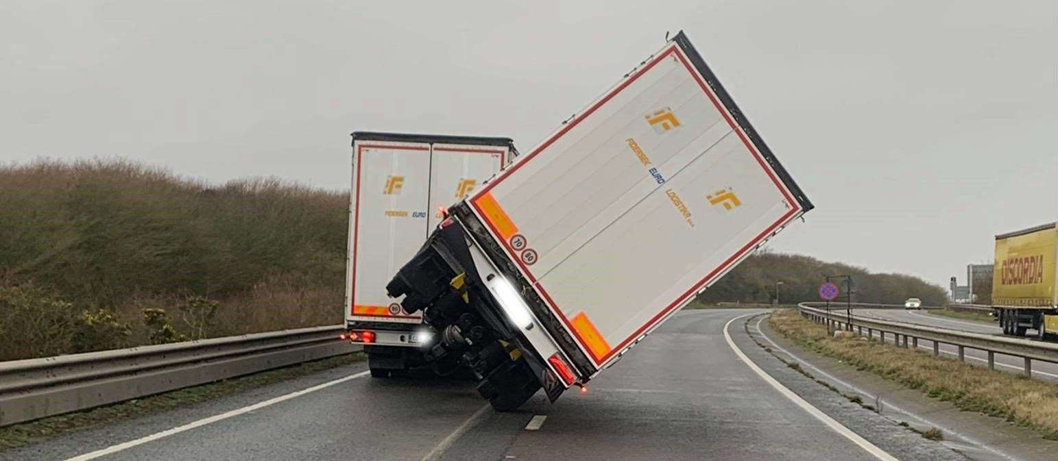 A lorry caught up in Storm Ciara. Picture: Highways England