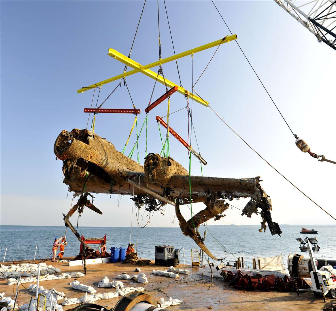 Rare German bomber plane the Dornier 17 is lifted from the seabed off Goodwin Sands
