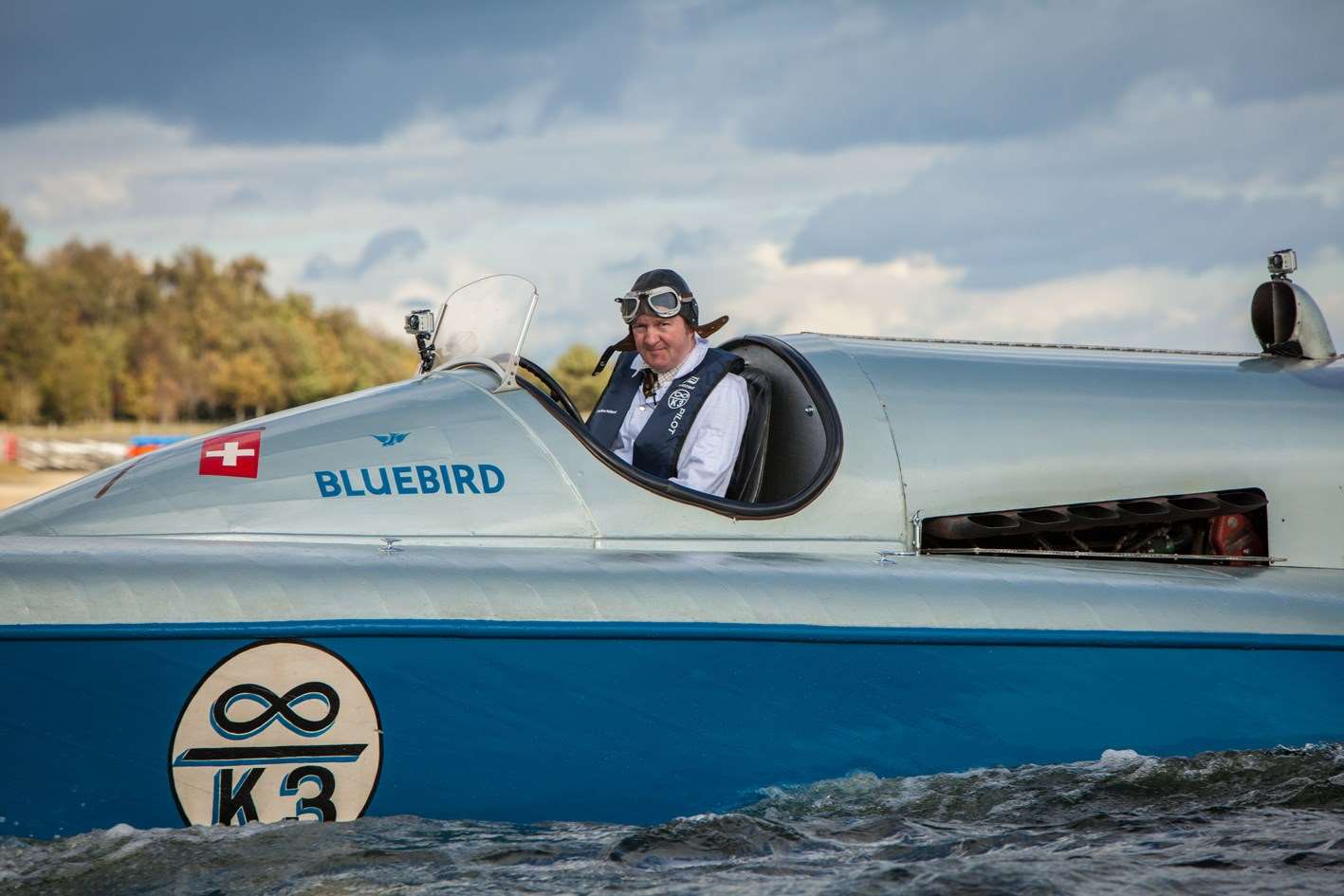 Karl Foulkes-Halbard in the world-record breaking craft Bluebird K3, once owned by Sir Malcolm Campbell