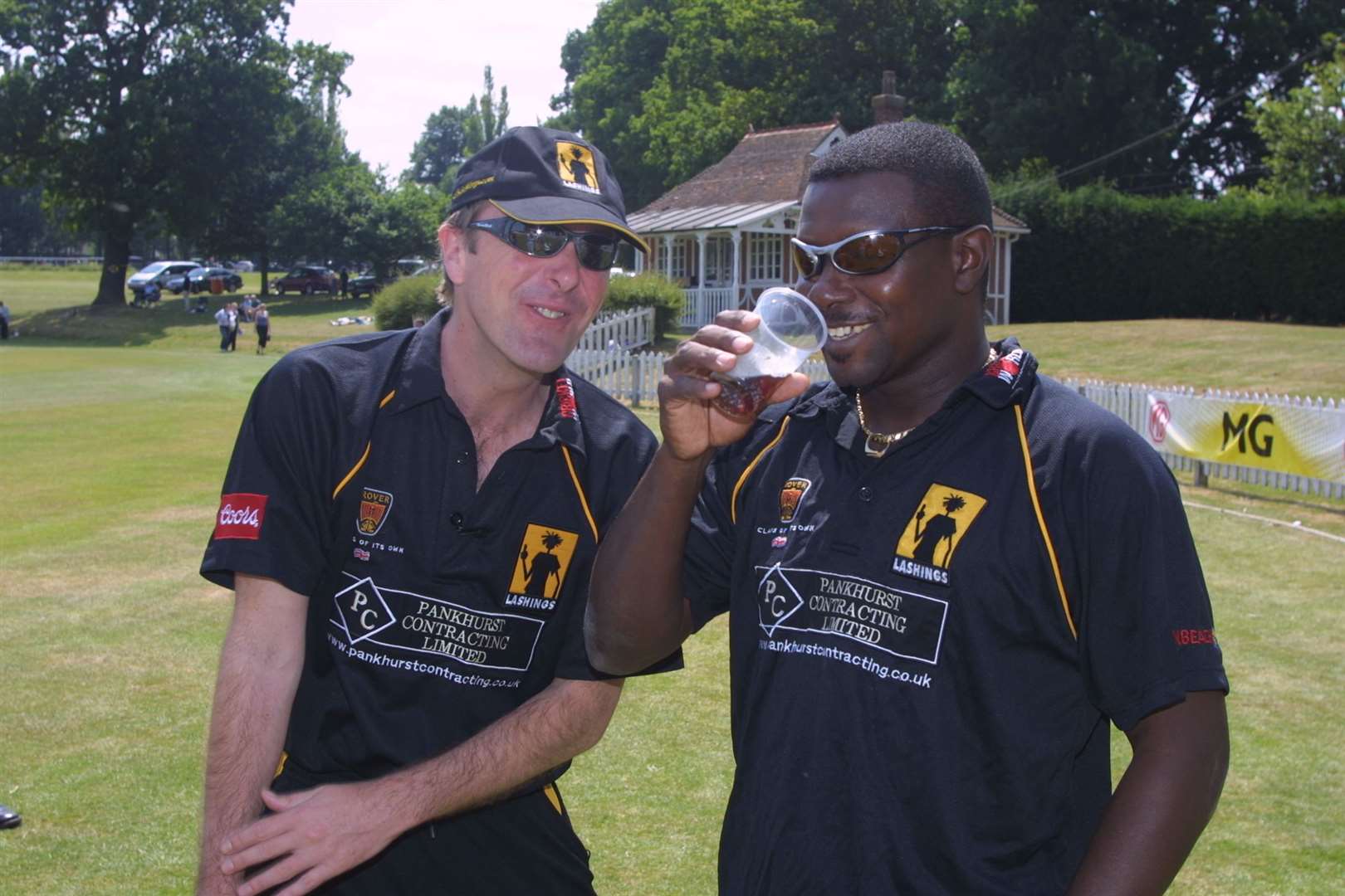 Phil Tufnell and Richie Richardson have a laugh at a cricket match between Lashings and Cambridge at Mote Park in Maidstone in 2003