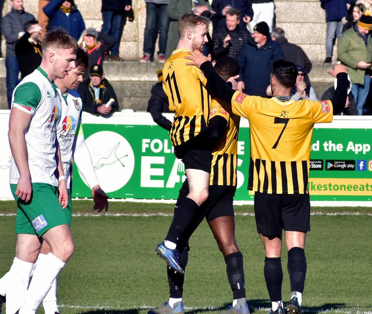 Folkestone celebrate the only goal, scored by Alfie Paxman from the penalty spot, in their weekend win over Bognor Regis. Picture: Randolph File