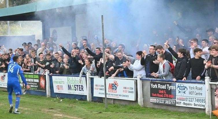 Herne Bay's supporters celebrate after the club secure their spot in the Isthmian South East play-offs. Picture: Herne Bay FC / Josh Allsopp