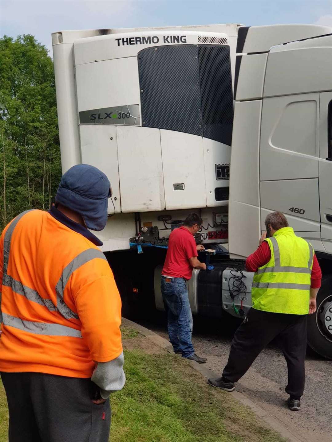 A lorry's trailer blocked the exit road at Maidstone Services on the M20. Photos: Darren Mansfield (2097246)