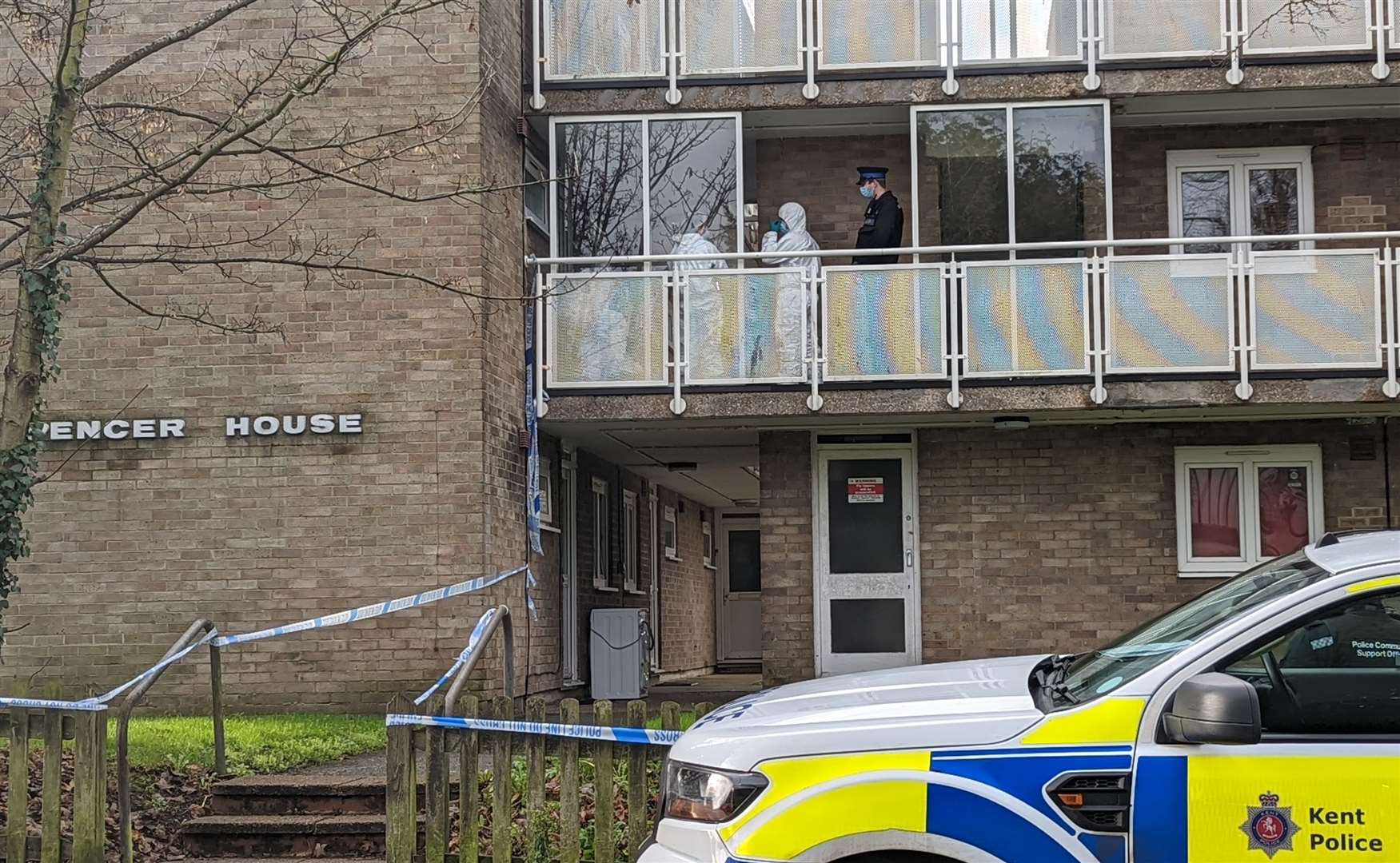 Police forensics teams at Spencer House in Folkestone earlier this week