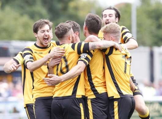 Maidstone players celebrate Jay May's brilliant goal Picture: Matt Walker