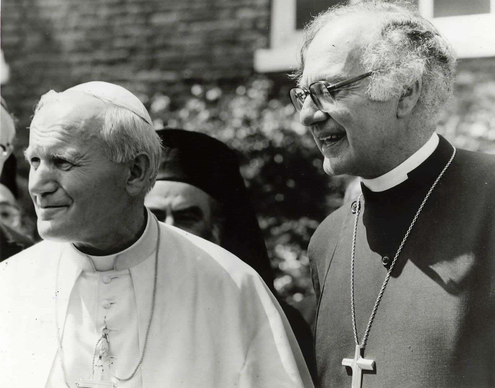 Archbishop of Canterbury Dr Robert Runcie with Pope John Paul II at Canterbury Cathedral in May 1982