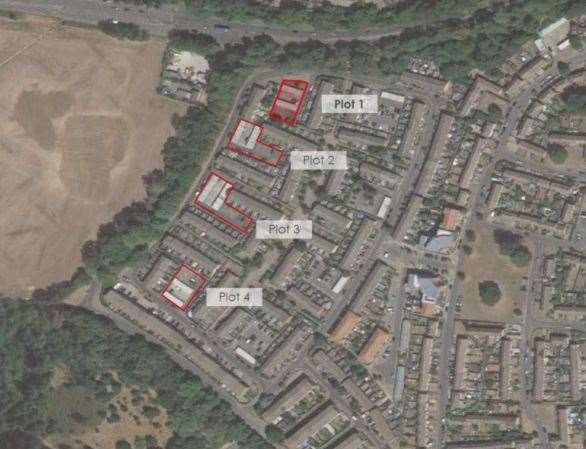 An aerial map of the garage locations: Plot 1, Morris Close; Plot 2, Blatchford Close; Plot 3, Addison Close, and Plot 4, Tyler Close