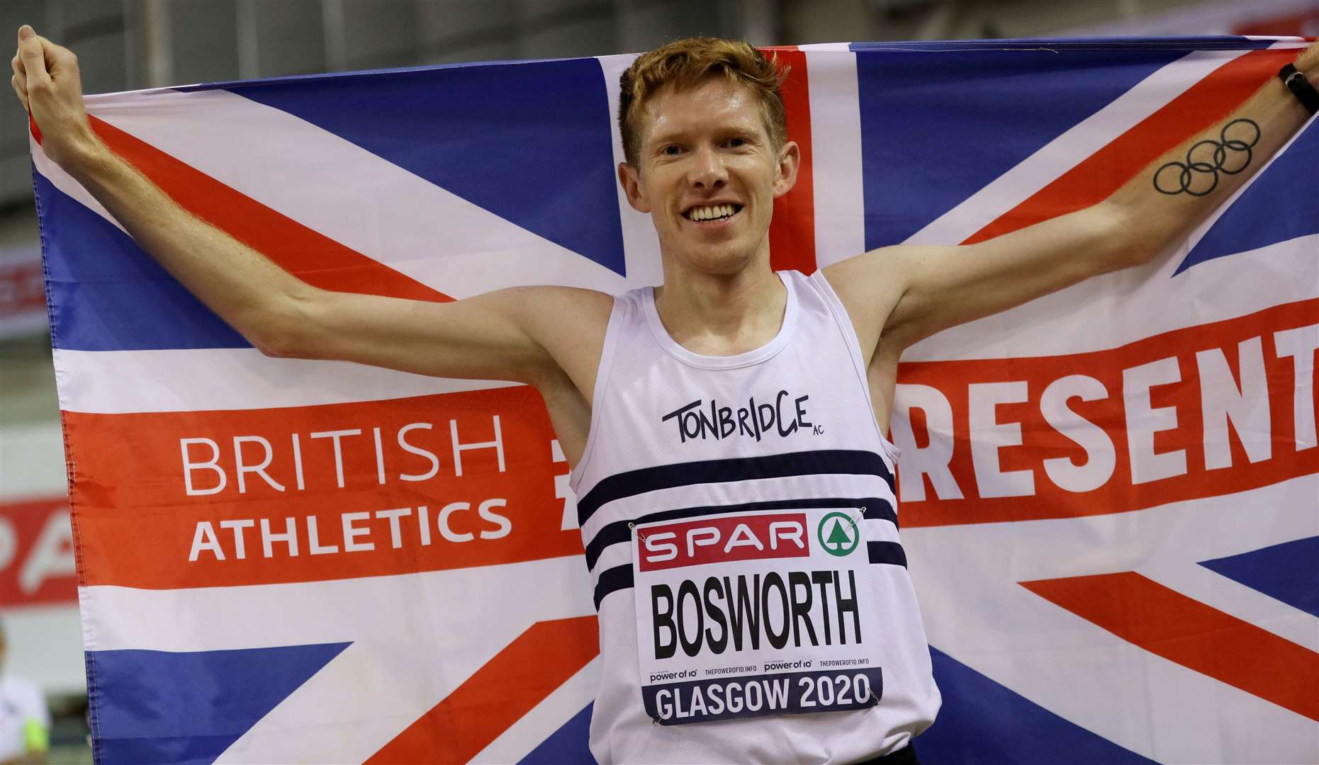Tom Bosworth celebrates winning the men's 5km walk at the British Athletics Indoor Championships in 2020. Picture: Reuters/Russell Cheyne