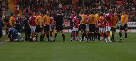 Charlton and Hull players start a mass brawl following an injury to Danny Mills. Picture: BARRY GOODWIN