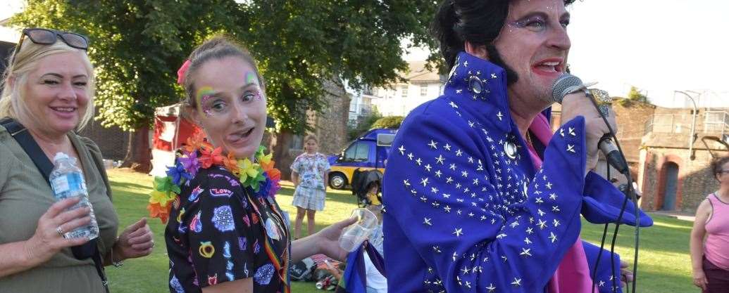 Elberace (Gay Elvis) leads a conga line at Gravesham's first Pride event. Photo: Jason Arthur