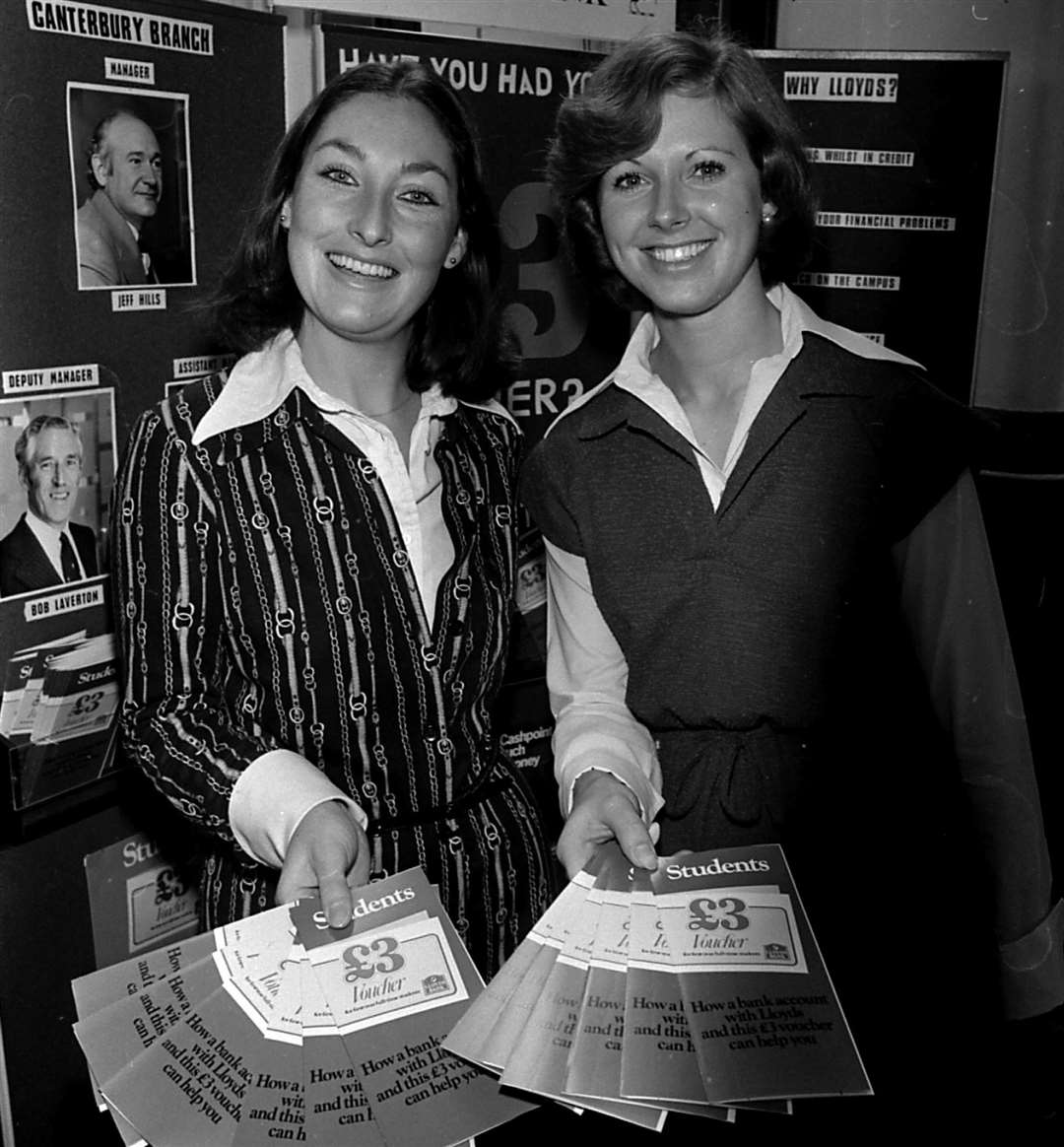 Ann Burden and Carol Shilling at Lloyds Bank in Canterbury in 1977