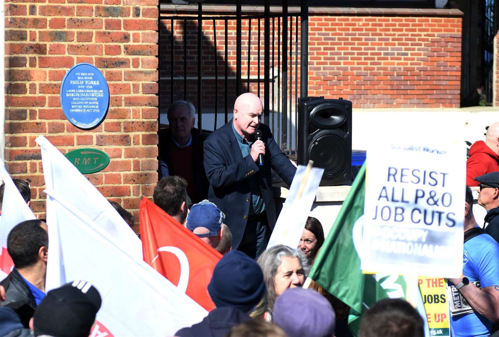 Mick Lynch speaking to people protesting in Dover.Trade earlier this year. Picture: Barry Goodwin