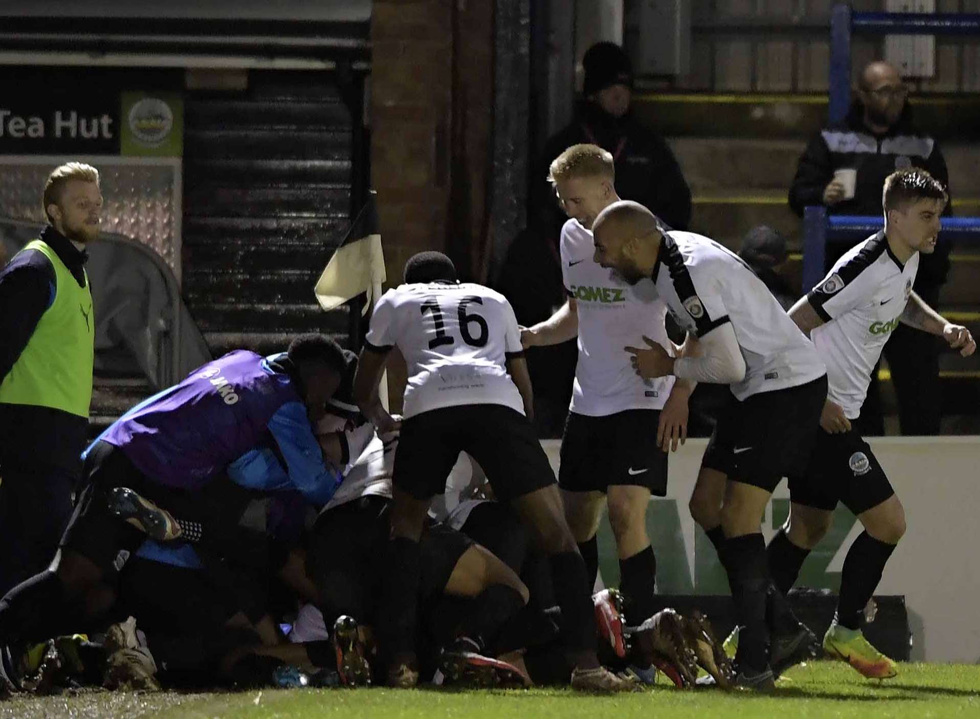 Dover celebrate Aswad Thomas' goal in extra-time. Picture: Barry Goodwin