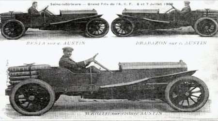 Period Carte Postal showing the three intrepid drivers seated on their 100 hp Austins
