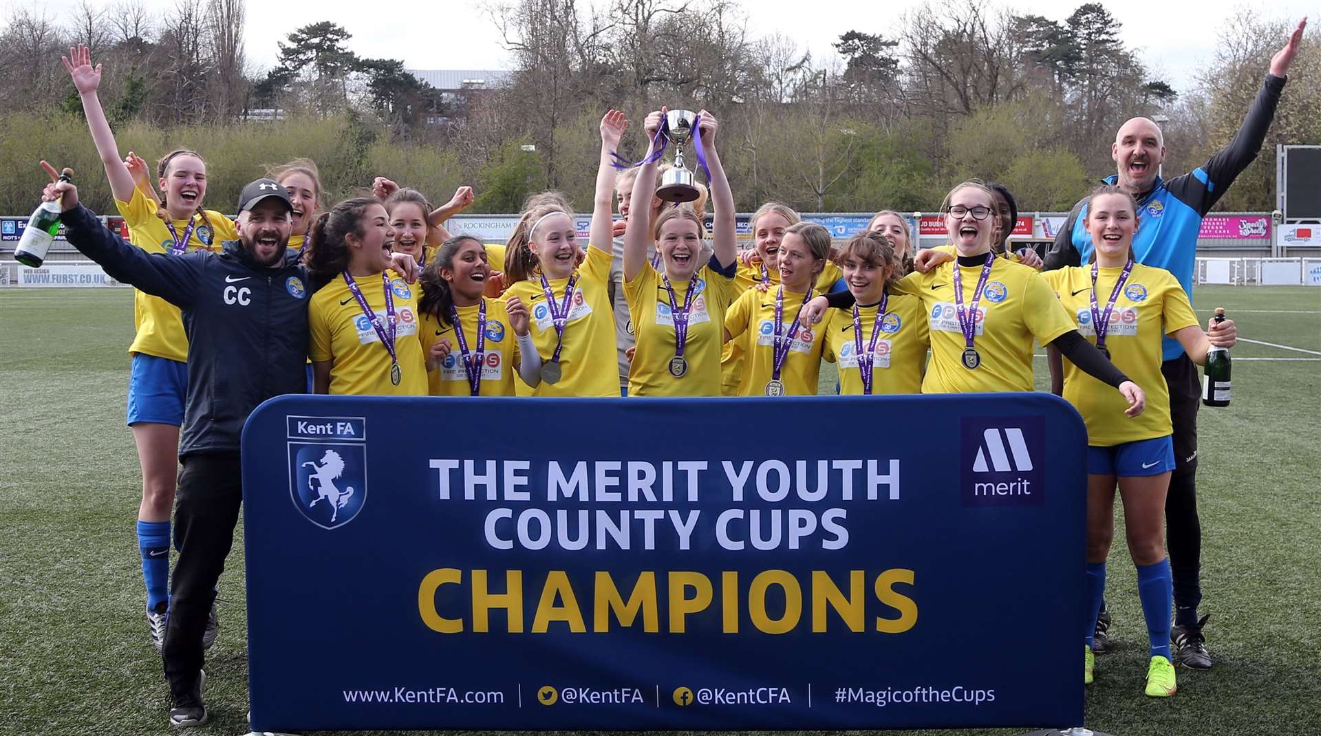 Kent Merit Under-15 girls cup final winners Kings Hill celebrate their success. Picture: PSP Images