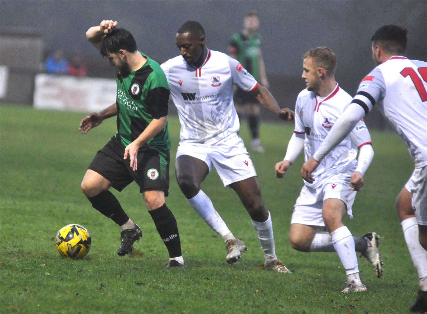 Ramsgate, in white, close down Burgess Hill in their 1-0 Isthmian South East victory on Saturday. Picture: Phil Dennett