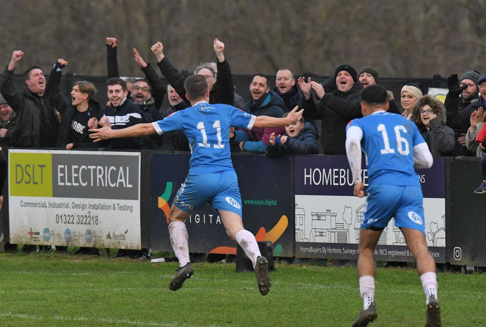 Jake Embery celebrates with Ites fans after his goal against Sittingbourne. Picture: Marc Richards