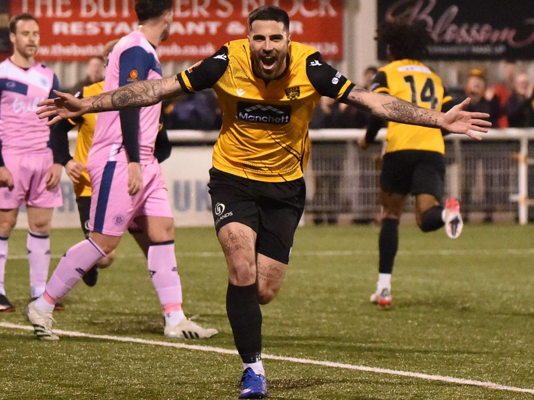 Joan Luque celebrates scoring his 20th goal of the season in Tuesday's home win against Dulwich Hamlet. Picture: Steve Terrell