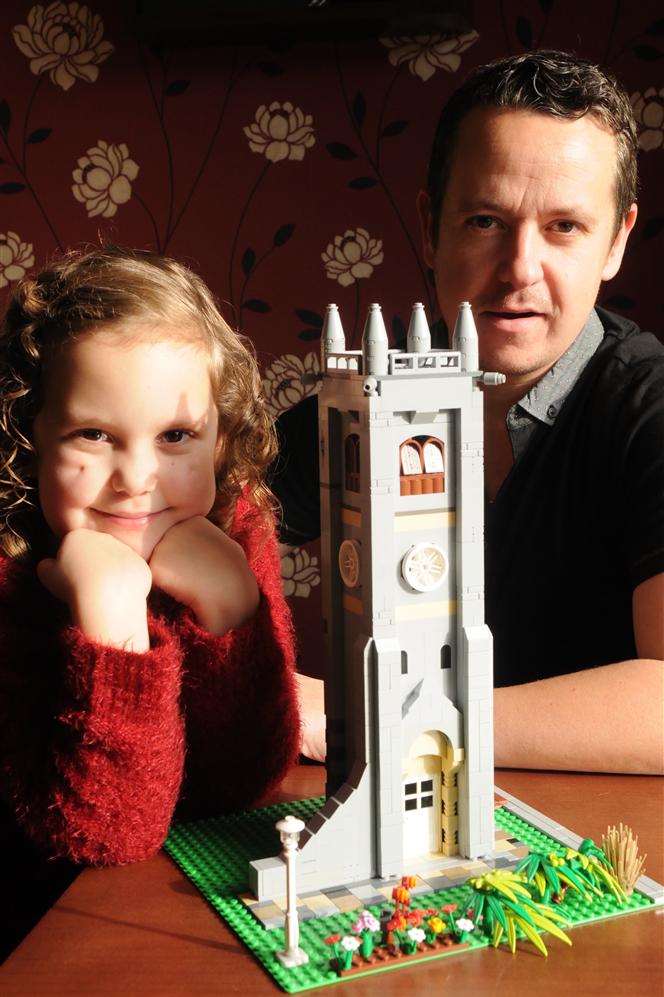 Richard Bowell and daughter Isobel, seven from Folkestone build a lego version of Christ Church Tower, Sandgate Road