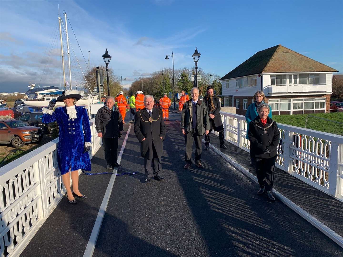 KCC cabinet member for highways and transport Michael Payne was joined by dignitaries from Sandwich Town Council for the reopening of the bridge. Picture: KCC