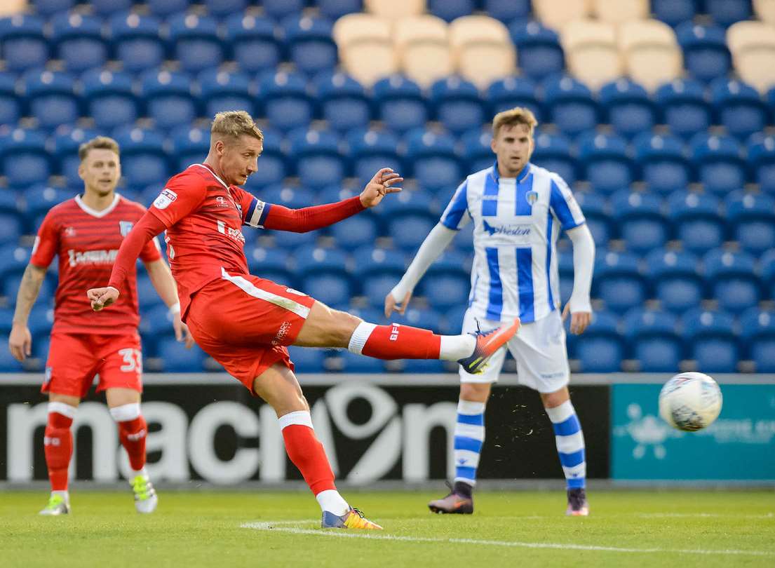 Lee Martin shoots at goal for Gillingham Picture: Andy Payton