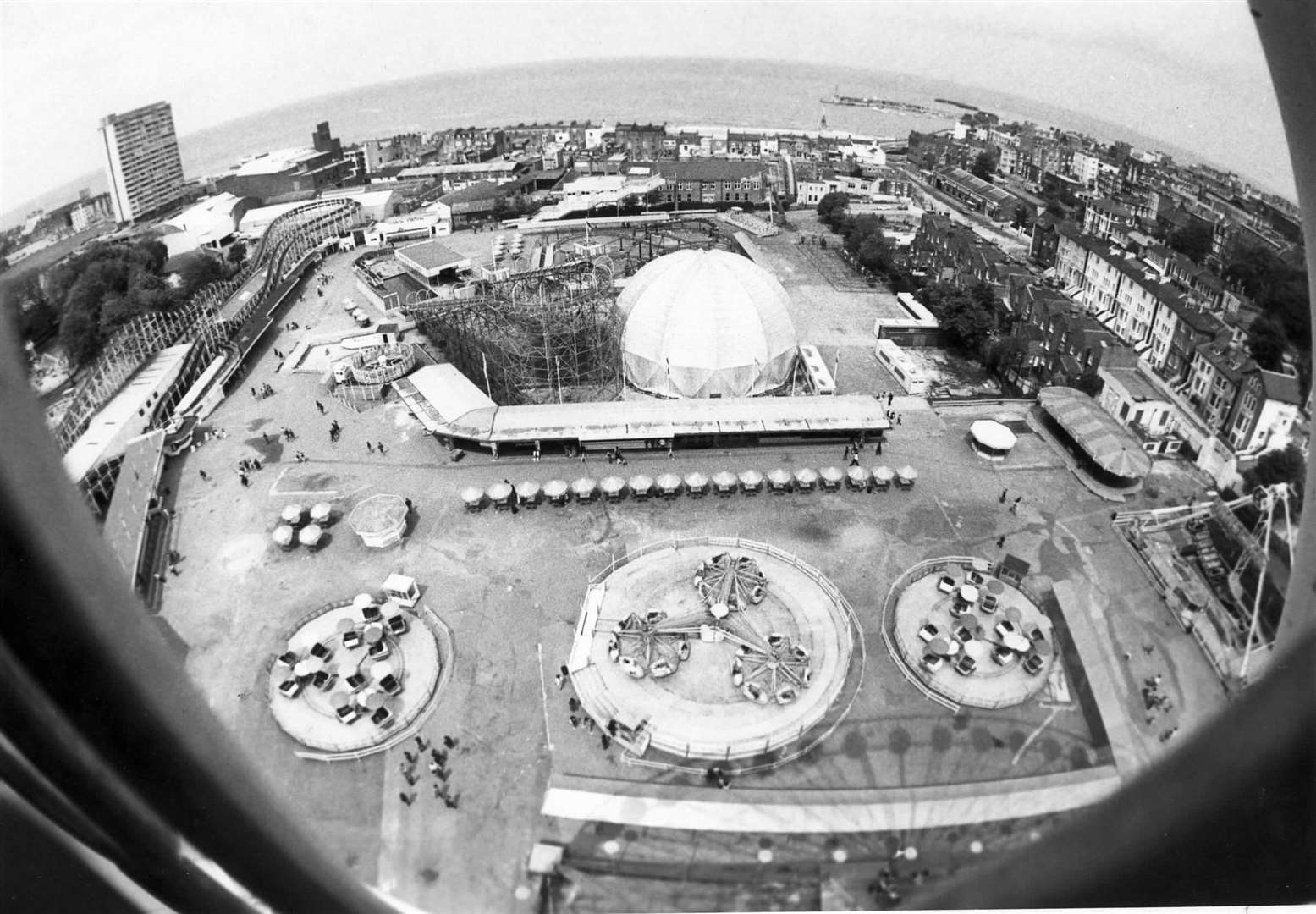 The view from Britain's tallest big wheel looking down across Dreamland, then named the Bembom Brothers Theme Park, in 1983