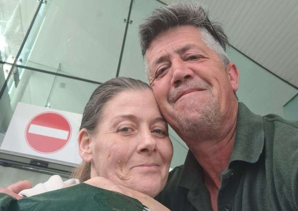 From left: Kelly and Andy Cowell as she was discharged from the hospital. Picture: Andy Cowell