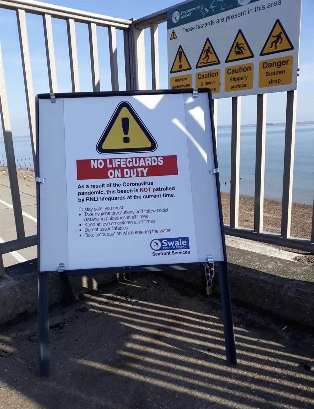 Signs at Minster Leas and Sheerness beaches saying there are no lifeguards on duty. Picture: Swale council
