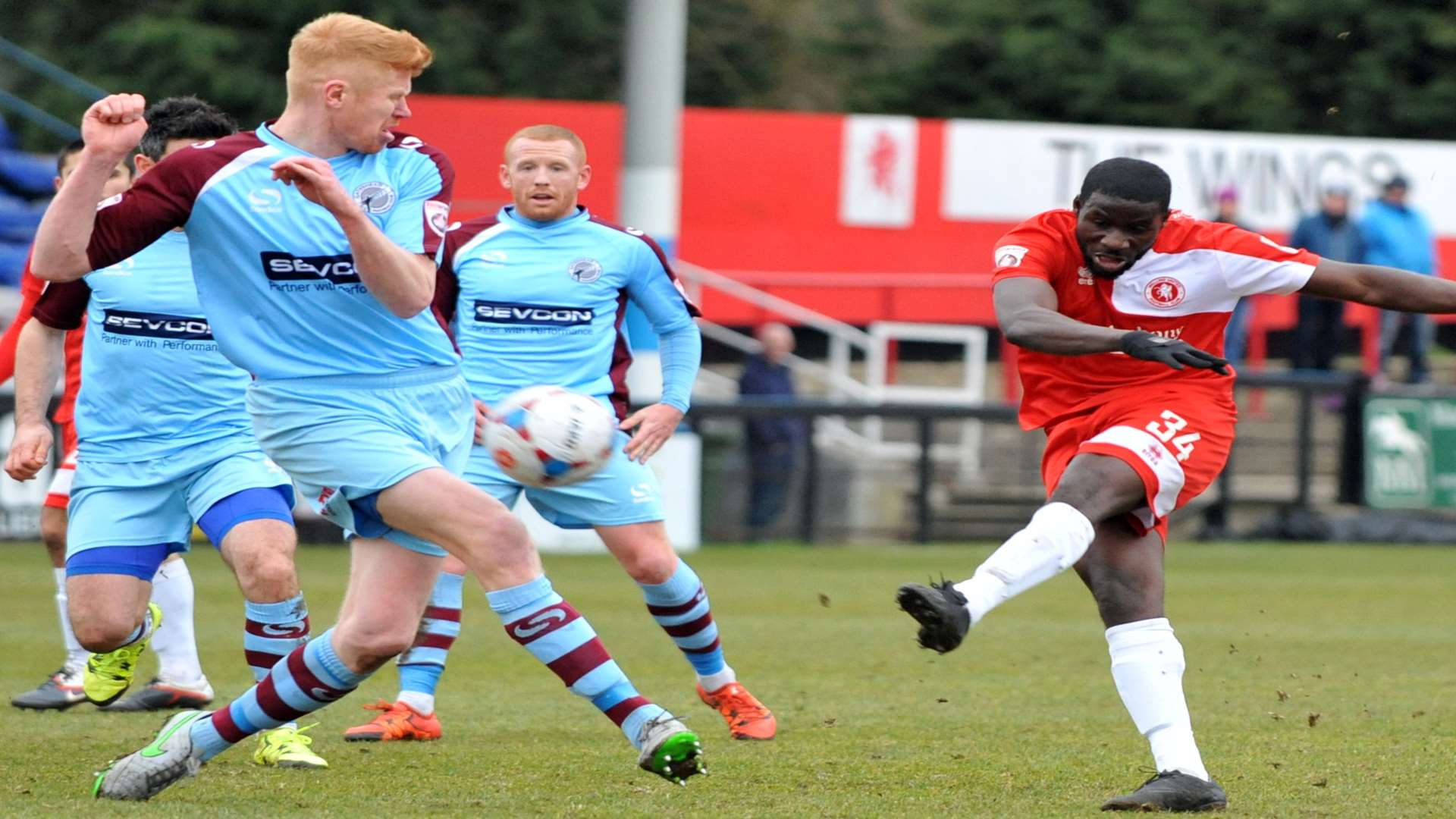 Michael Bakare fires in a shot at goal against Gateshead. Picture: David Brown