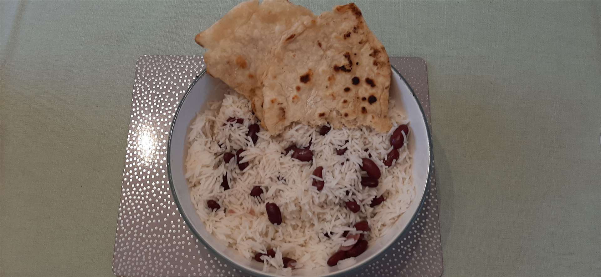 My first meal, rice and kidney beans with flatbread
