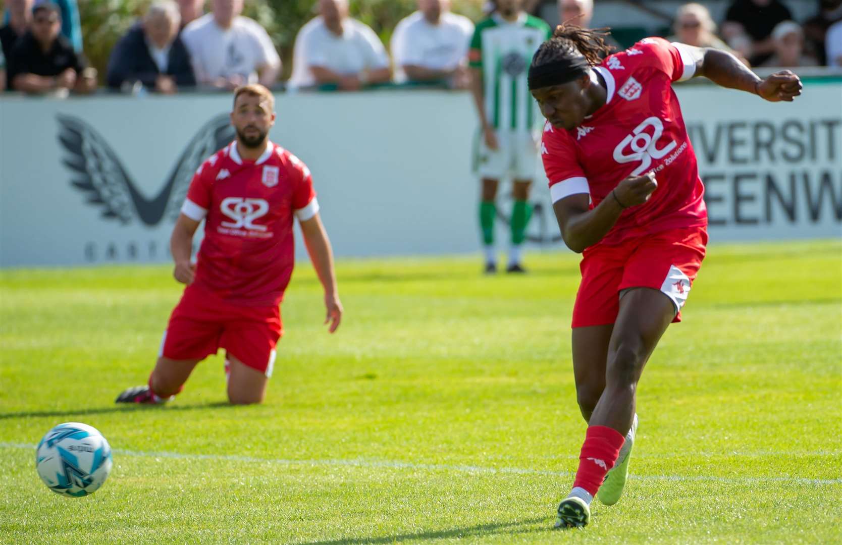 Jefferson Aibangbee, pictured scoring on the opening-day of the Southern Counties East Premier Division season, is on a season-long loan from Sheppey and therefore shouldn’t have played for the Lilywhites in the FA Vase. Picture: Ian Scammell