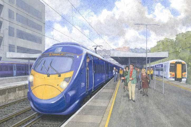 An artist's impression of a high speed train at Hastings Station