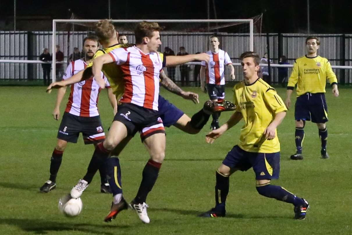 Sheppey, left, booked their place in the final with a 4-2 aggregate win over Whitstable Picture: Les Biggs