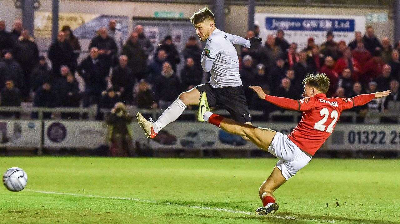 Jake Robinson had this initial effort saved in the build-up to Dartford's winner against Ebbsfleet. Picture: Dave Budden