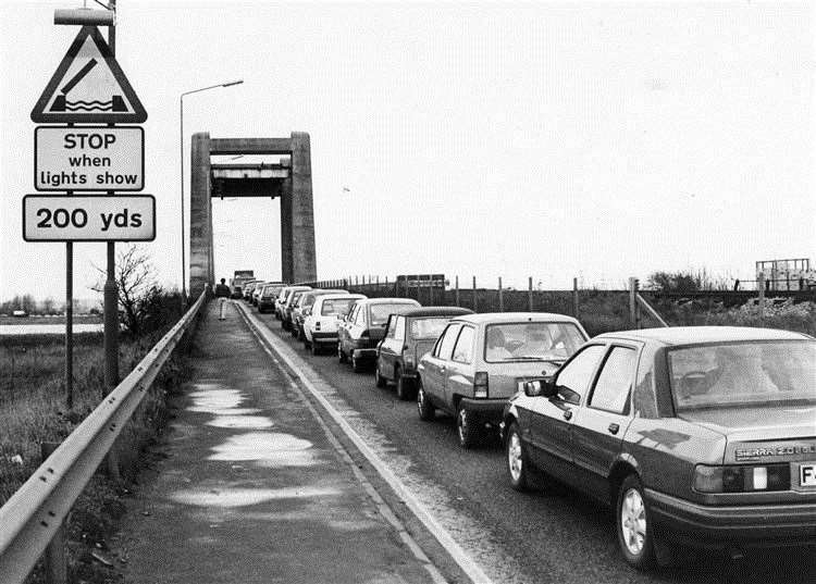 Familiar sight: cars queuing to get on Sheppey during a lift of the Kingsferry Bridge in March 1989
