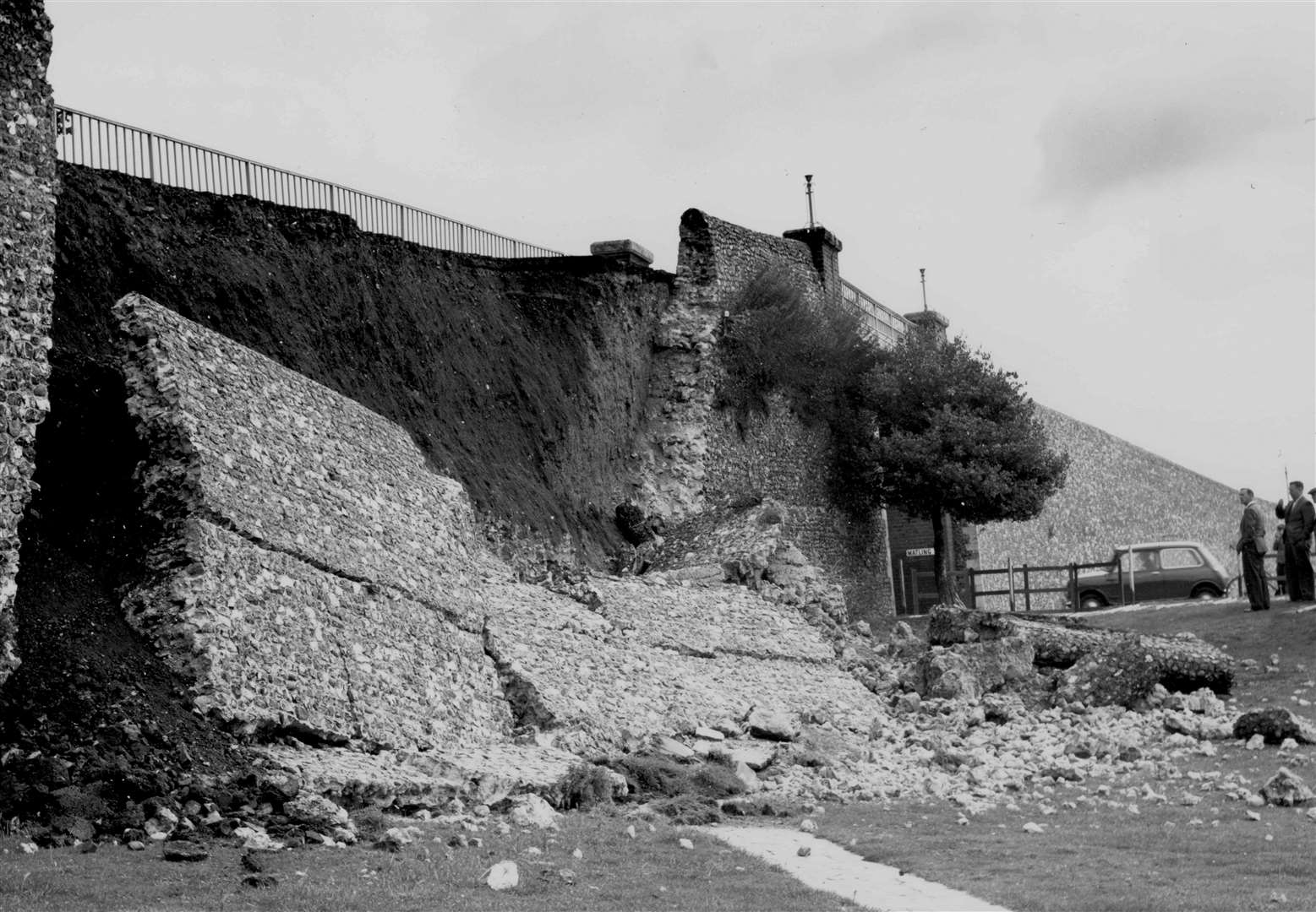 Rebuilt after bomb damage in the war, this 20-yard section of the city wall in Canterbury near Riding Gate collapsed in August 1962