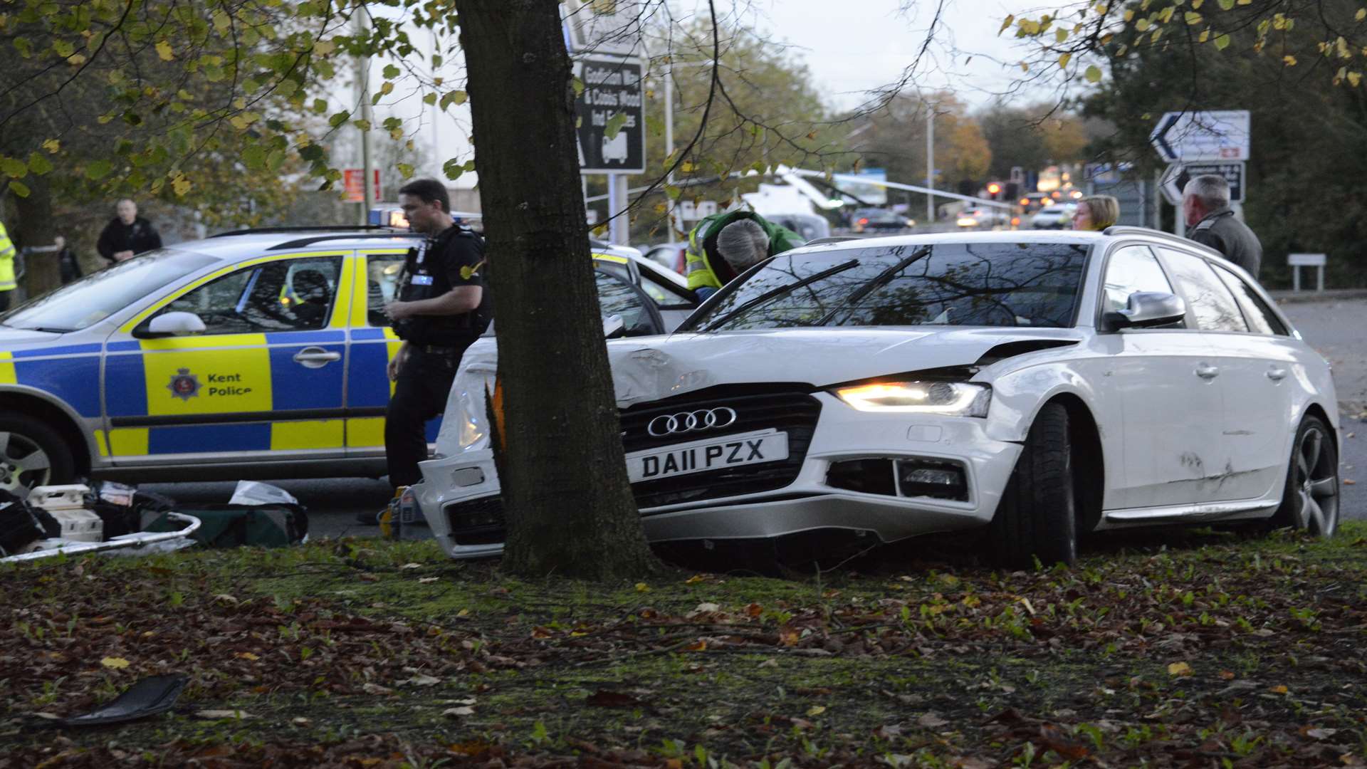An Audi crashed into a tree near the Matalan roundabout. Picture: Paul Amos