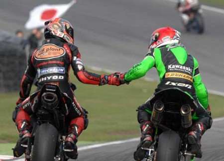 Jonathan Rea (right) congratulates title winner Ryuichi Kiyonari. Pictures: BARRY GOODWIN