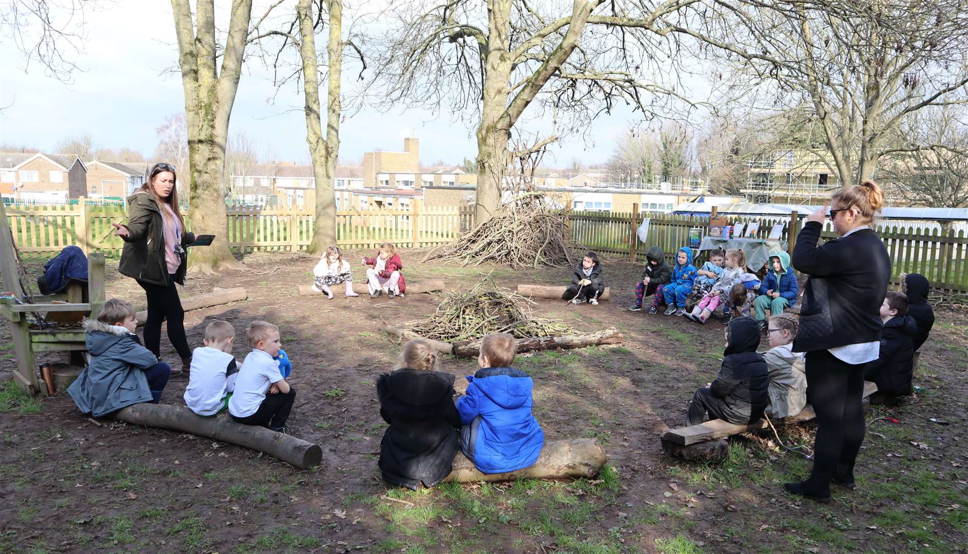 Lessons in the round during forest school at Sunny Bank Primary School