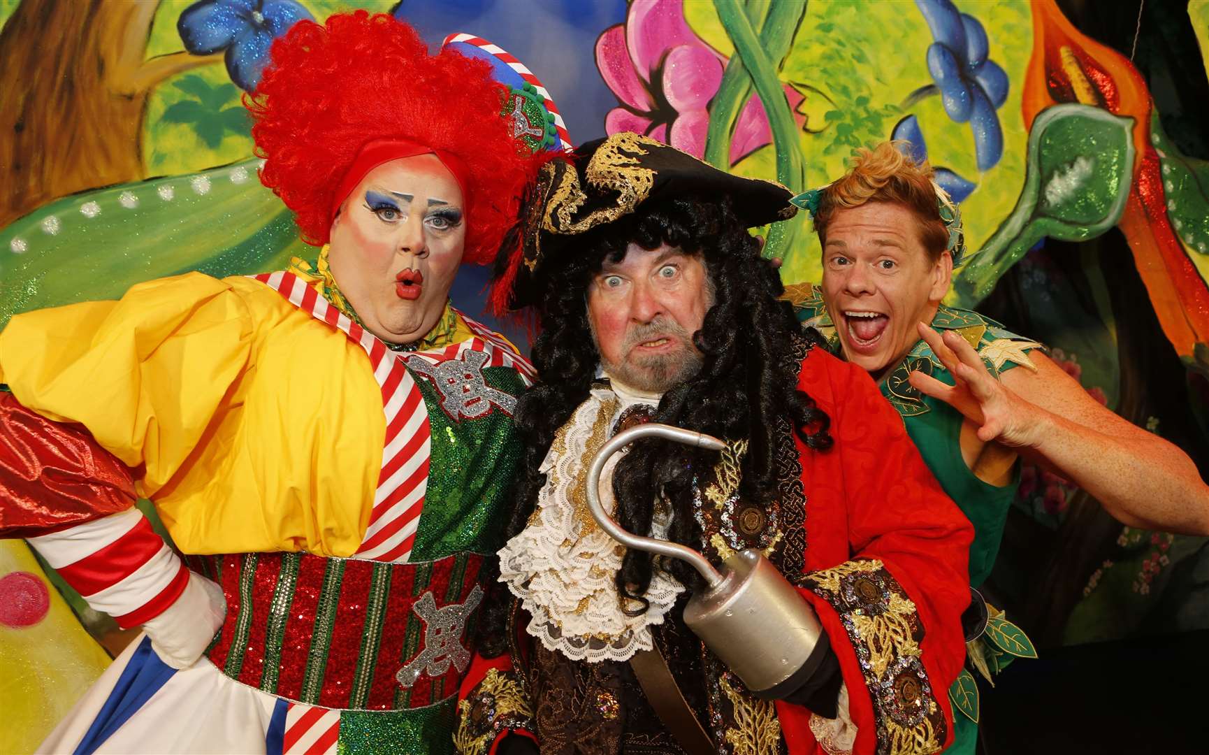 Quinn Patrick (Mrs Smee), Paul Bradley (Captain Hook) & Lloyd Warbey (Peter Pan) in the panto at the Assembly Hall Theatre, Tunbridge Wells Picture: Andy Jones